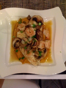Steamed snapper with butternut squash puree and sauteed mushrooms